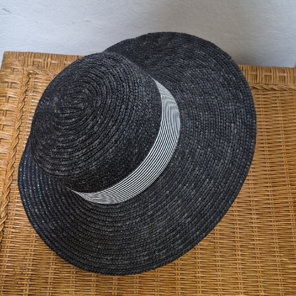 Anthropologie Dark Blue Straw Hat W Striped Trim